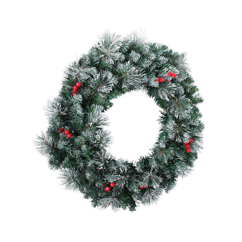 60CM Pre-Lit Snow Frosted Christmas Wreath with Red Berries & Pinecones