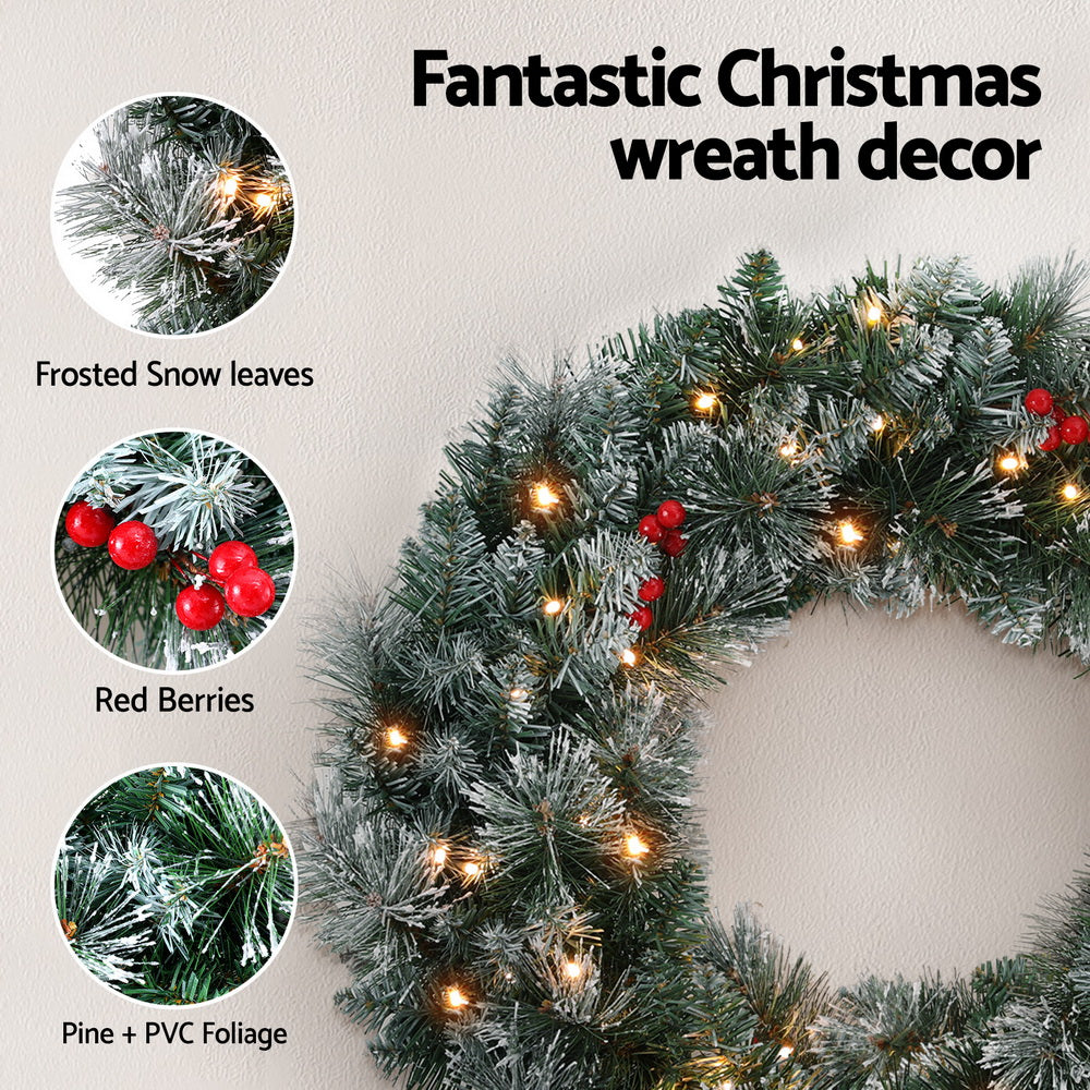 60CM Pre-Lit Snow Frosted Christmas Wreath with Red Berries & Pinecones