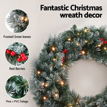 60CM Pre-Lit Snow Frosted Christmas Wreath with Red Berries & Pinecones