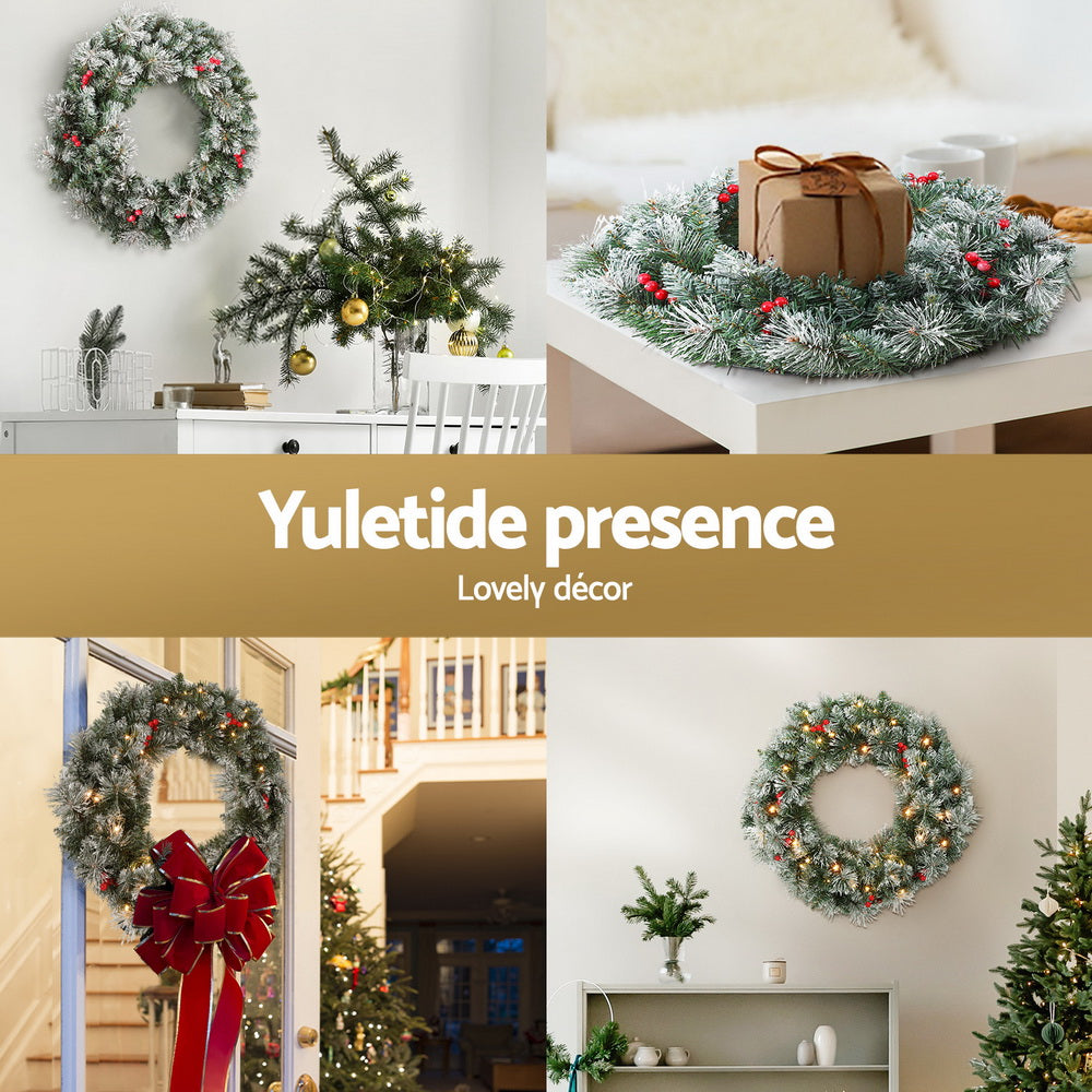 60CM Pre-Lit Snow Frosted Christmas Wreath with Red Berries & Pinecones