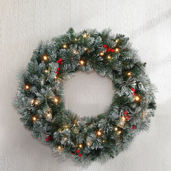60CM Pre-Lit Snow-Frosted Christmas Wreath – 50 Warm White LEDs, Red Berries & Pine Needles