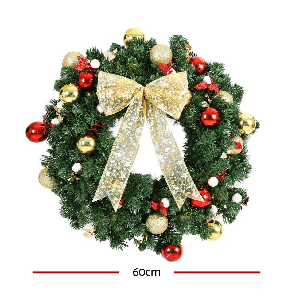 60CM Pre-Lit Christmas Wreath with 40 Warm White LEDs, Bow & Baubles
