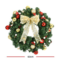 60CM Pre-Lit Christmas Wreath with 40 Warm White LEDs, Bow & Baubles