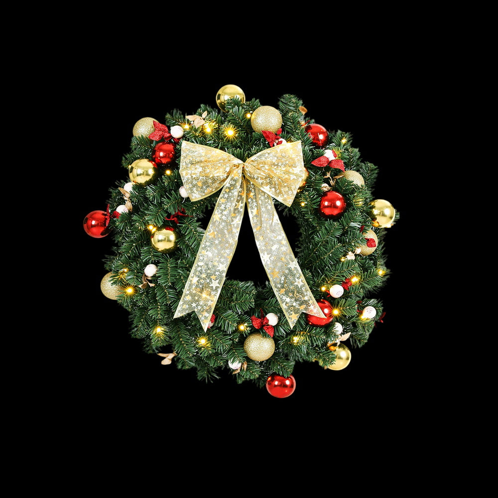60CM Pre-Lit Christmas Wreath with 40 Warm White LEDs, Bow & Baubles