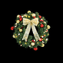 60CM Pre-Lit Christmas Wreath with 40 Warm White LEDs, Bow & Baubles