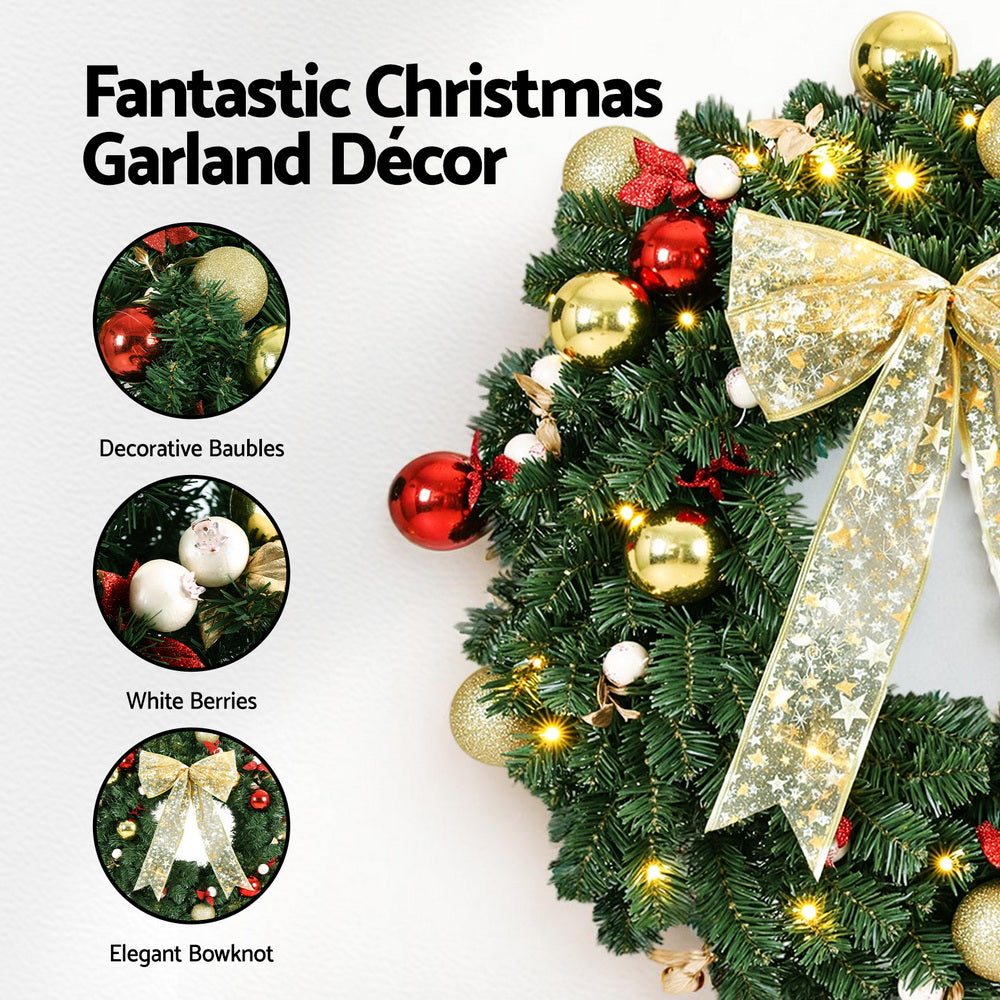 60CM Pre-Lit Christmas Wreath with 40 Warm White LEDs, Bow & Baubles