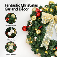 60CM Pre-Lit Christmas Wreath with 40 Warm White LEDs, Bow & Baubles