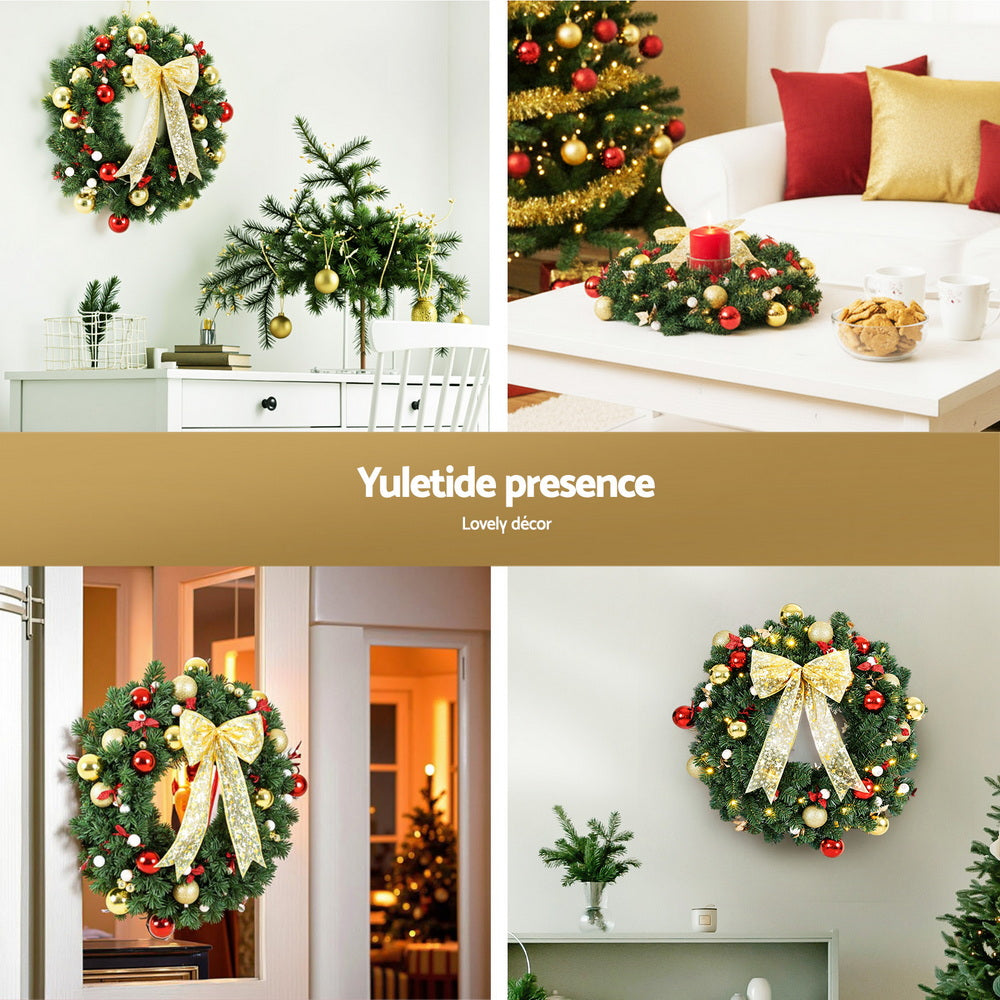 60CM Pre-Lit Christmas Wreath with 40 Warm White LEDs, Bow & Baubles