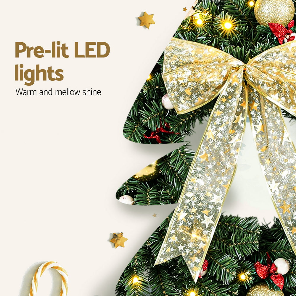 60CM Pre-Lit Christmas Wreath with 40 Warm White LEDs, Bow & Baubles
