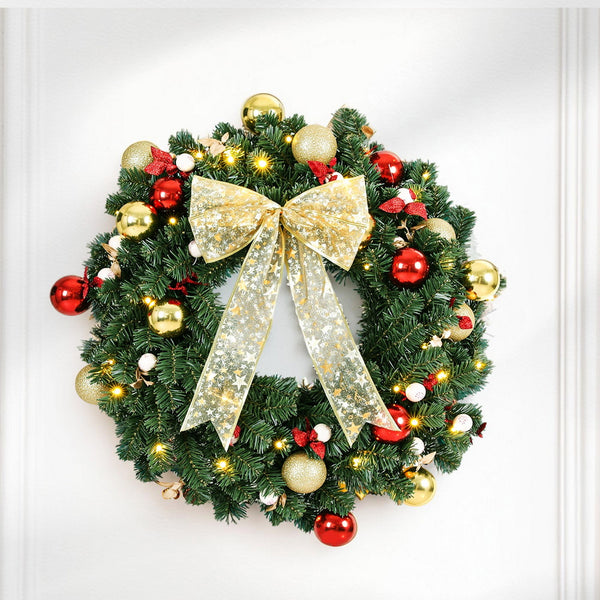 60CM Pre-Lit Christmas Wreath – 40 Warm White LEDs, Bow, Berries & Baubles