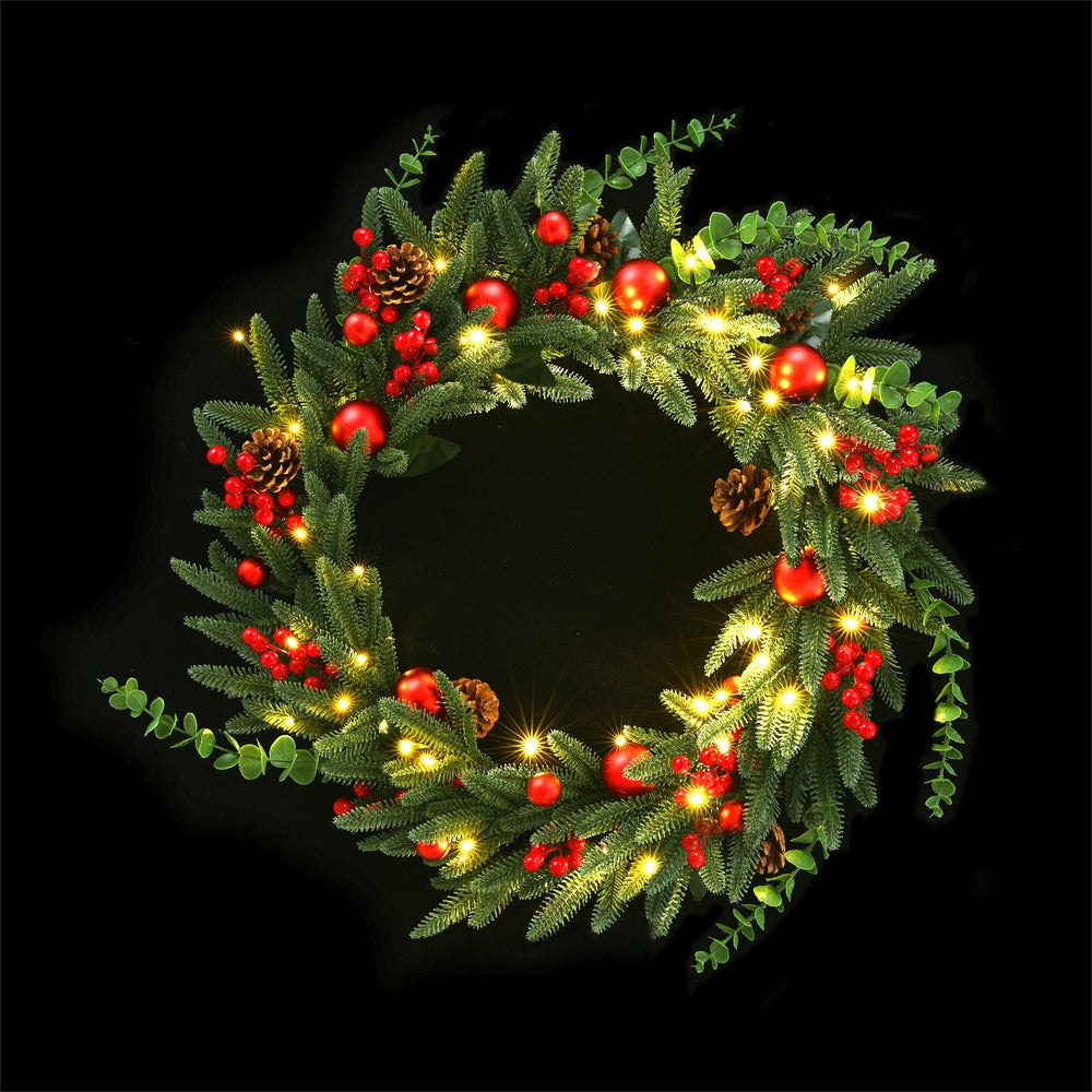 60CM Pre-Lit Christmas Wreath with 50 Warm White LEDs, Pine Cones & Berries