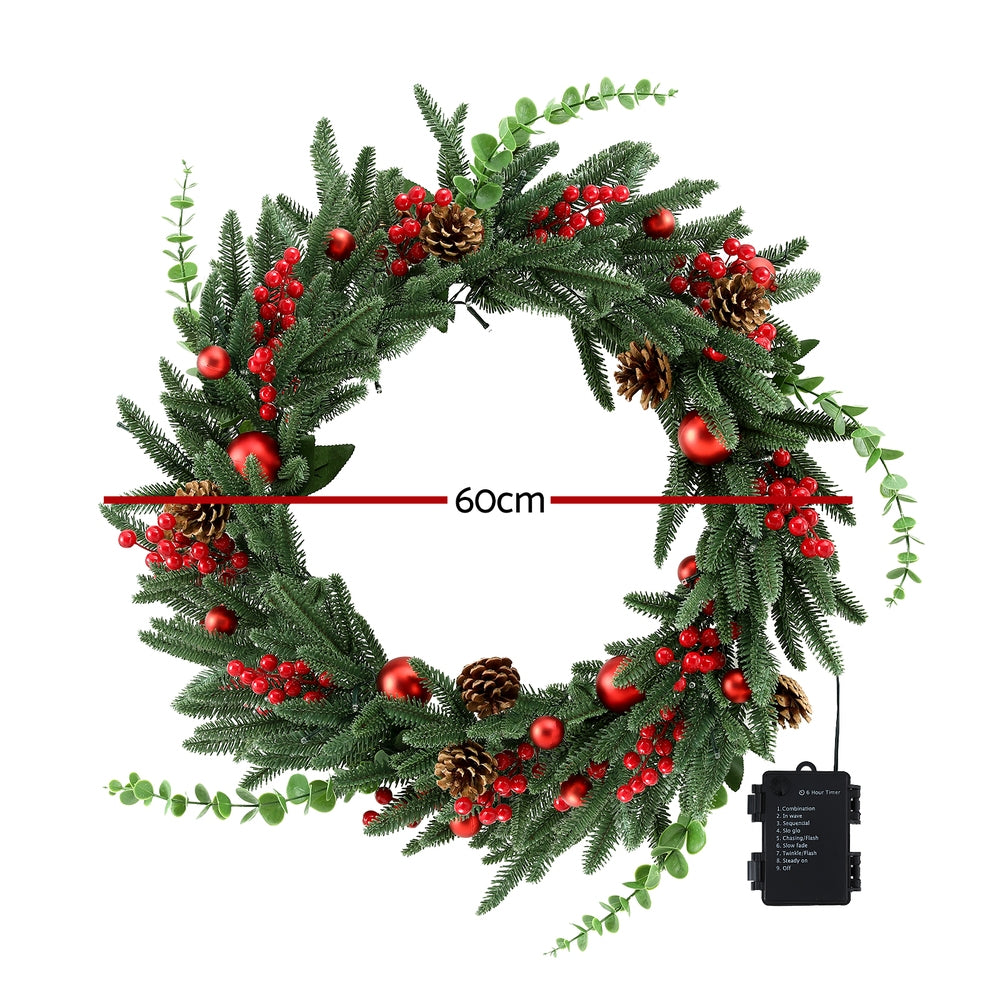 60CM Pre-Lit Christmas Wreath with 50 Warm White LEDs, Pine Cones & Berries