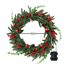 60CM Pre-Lit Christmas Wreath with 50 Warm White LEDs, Pine Cones & Berries