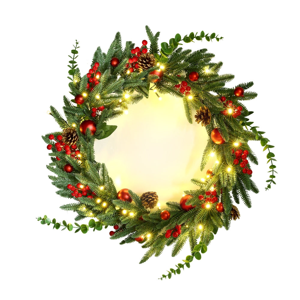 60CM Pre-Lit Christmas Wreath with 50 Warm White LEDs, Pine Cones & Berries