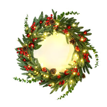 60CM Pre-Lit Christmas Wreath with 50 Warm White LEDs, Pine Cones & Berries