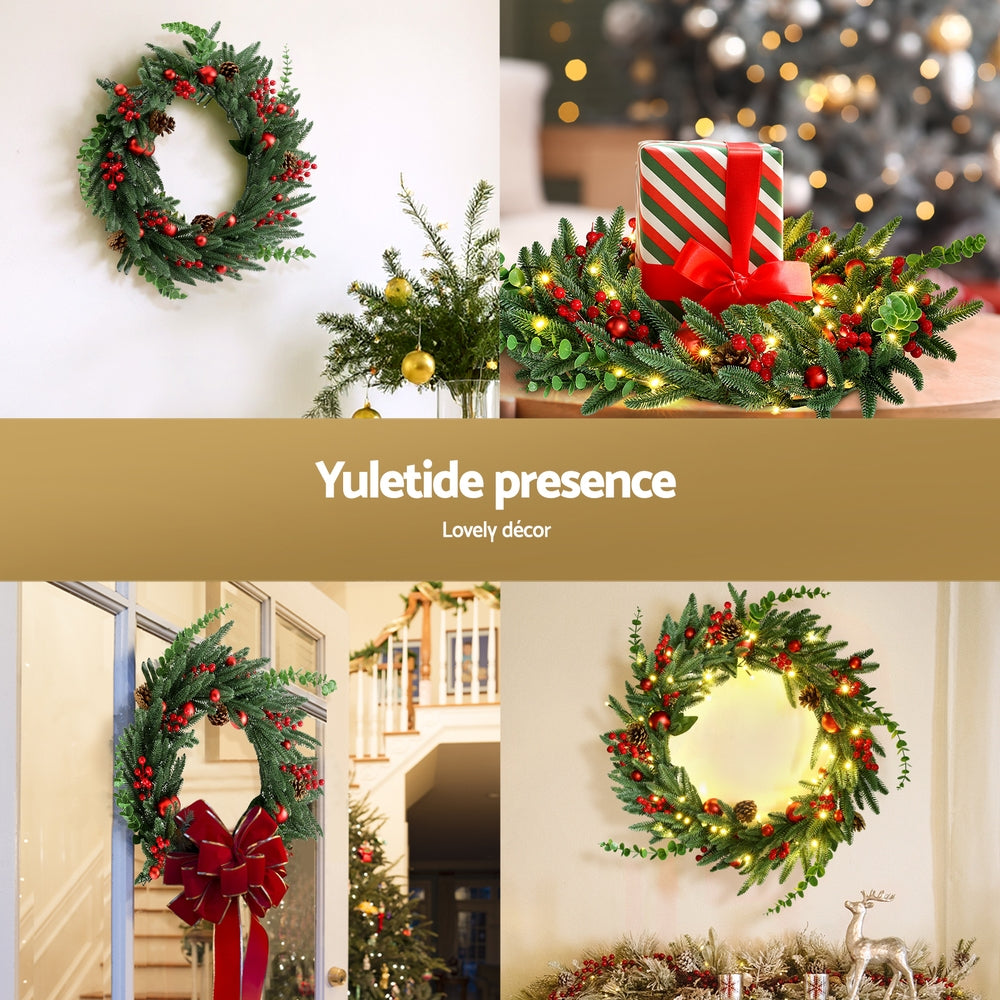 60CM Pre-Lit Christmas Wreath with 50 Warm White LEDs, Pine Cones & Berries