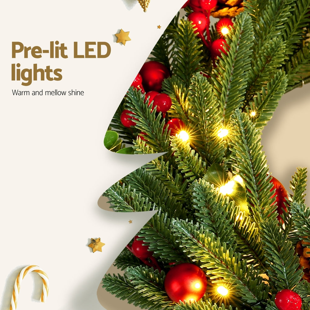 60CM Pre-Lit Christmas Wreath with 50 Warm White LEDs, Pine Cones & Berries