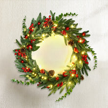 60CM Pre-Lit Christmas Wreath – 50 Warm White LEDs, Berries & Pine Cones