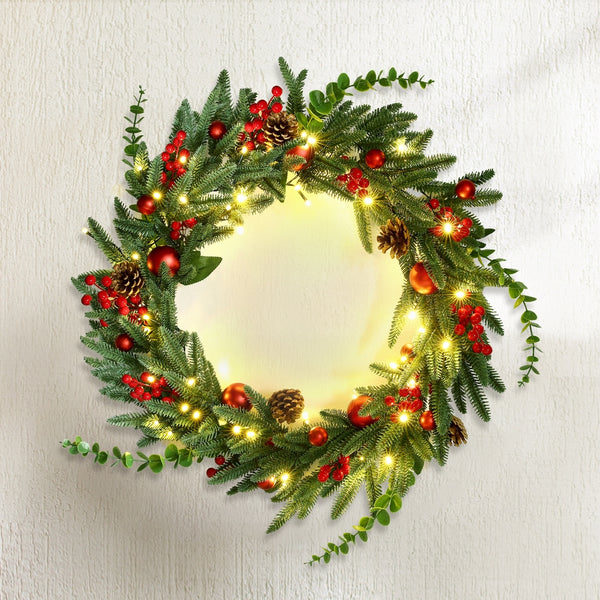 60CM Pre-Lit Christmas Wreath – 50 Warm White LEDs, Berries & Pine Cones