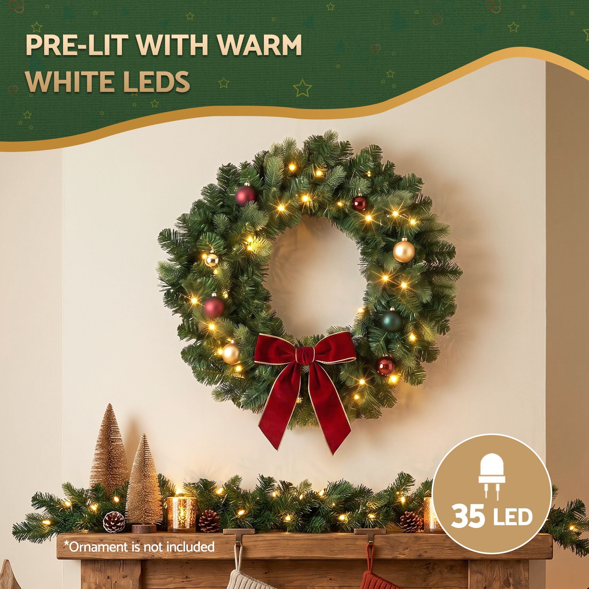 60CM Pre-Lit Christmas Wreath with 35 Warm White LED