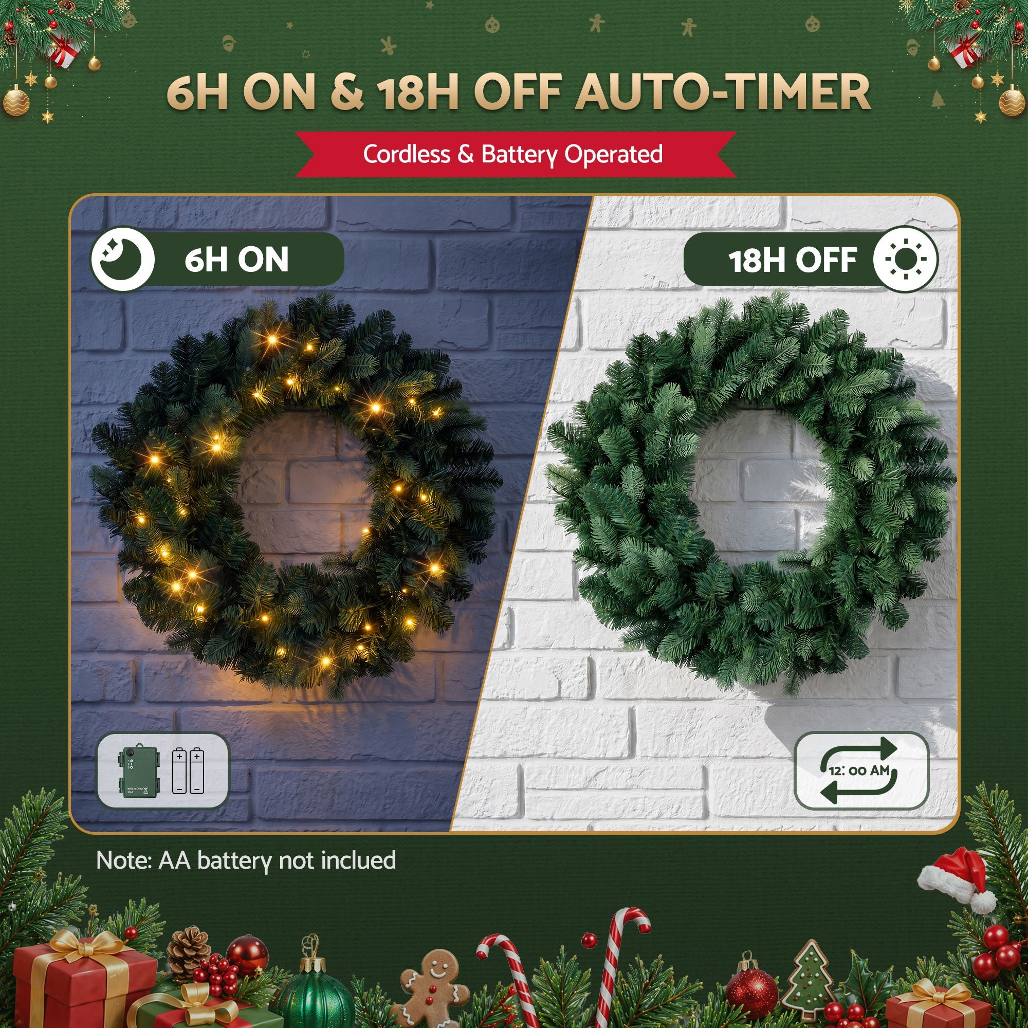 60CM Pre-Lit Christmas Wreath with 35 Warm White LED