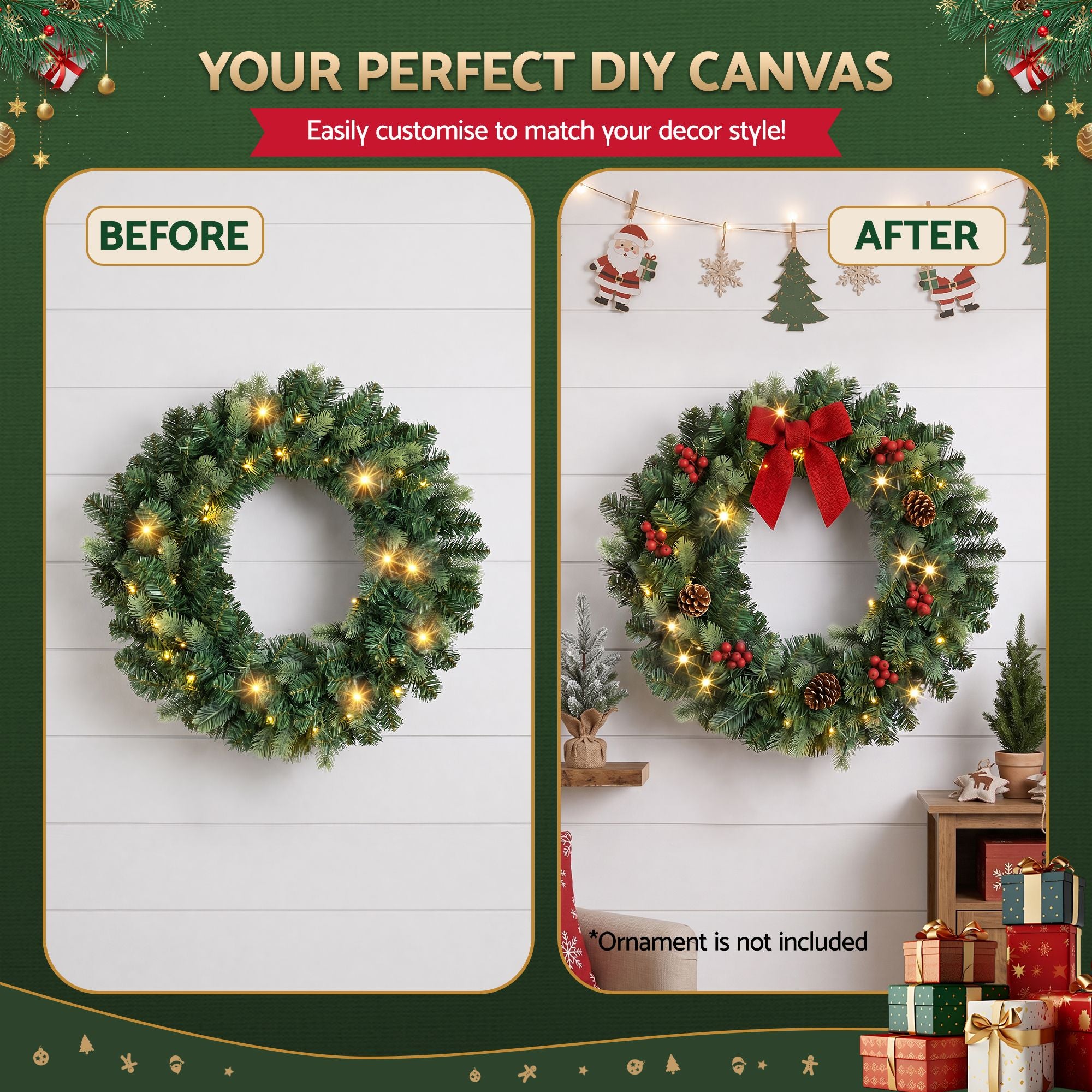 60CM Pre-Lit Christmas Wreath with 35 Warm White LED