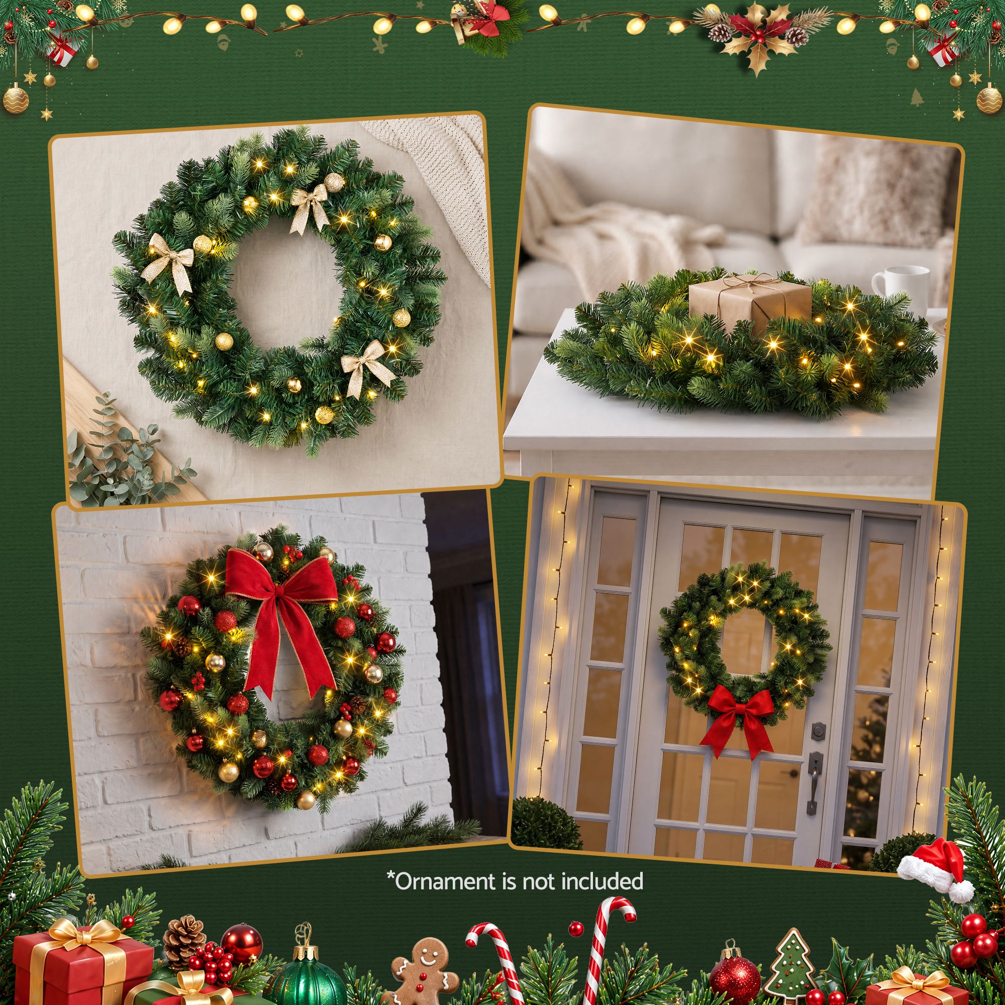 60CM Pre-Lit Christmas Wreath with 35 Warm White LED