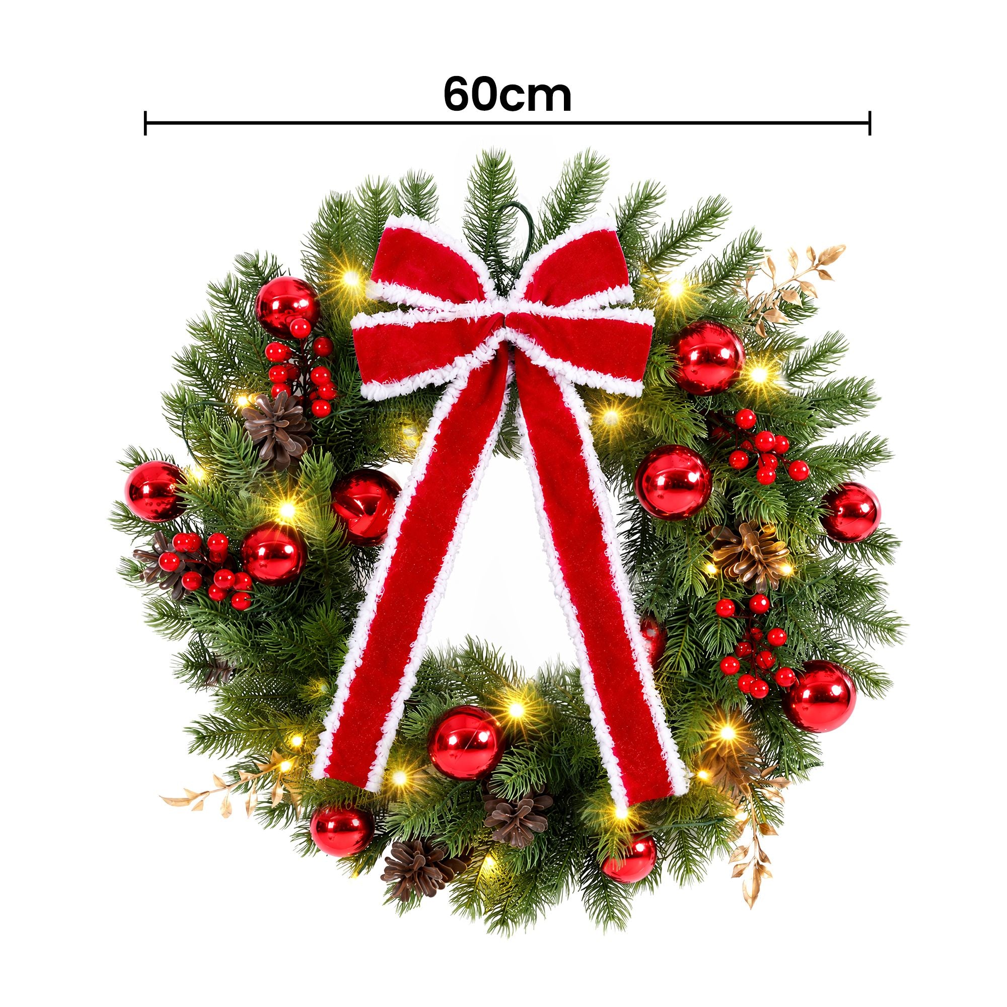60CM Pre-Lit Christmas Wreath with Red Bow & 30 LED