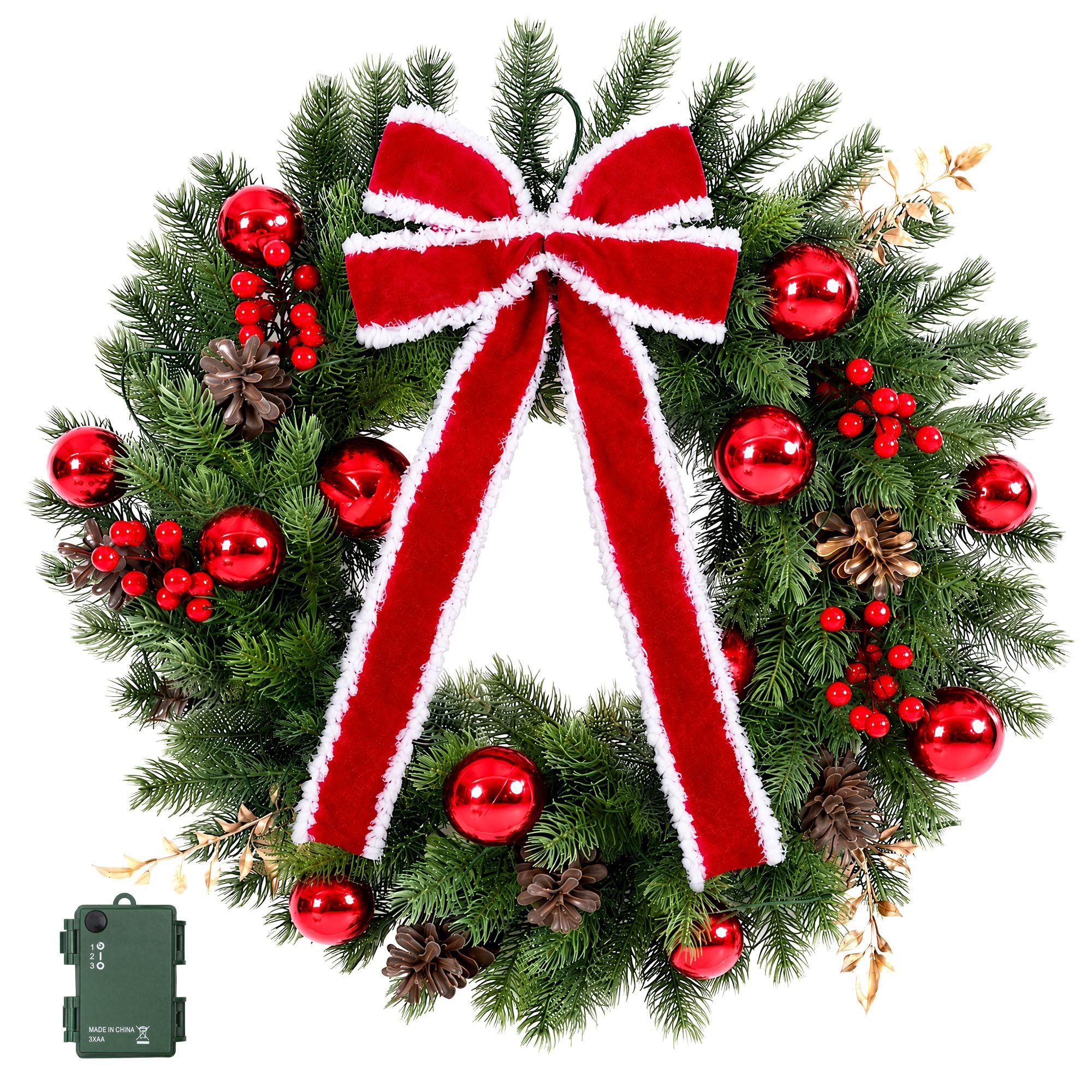 60CM Pre-Lit Christmas Wreath with Red Bow & 30 LED