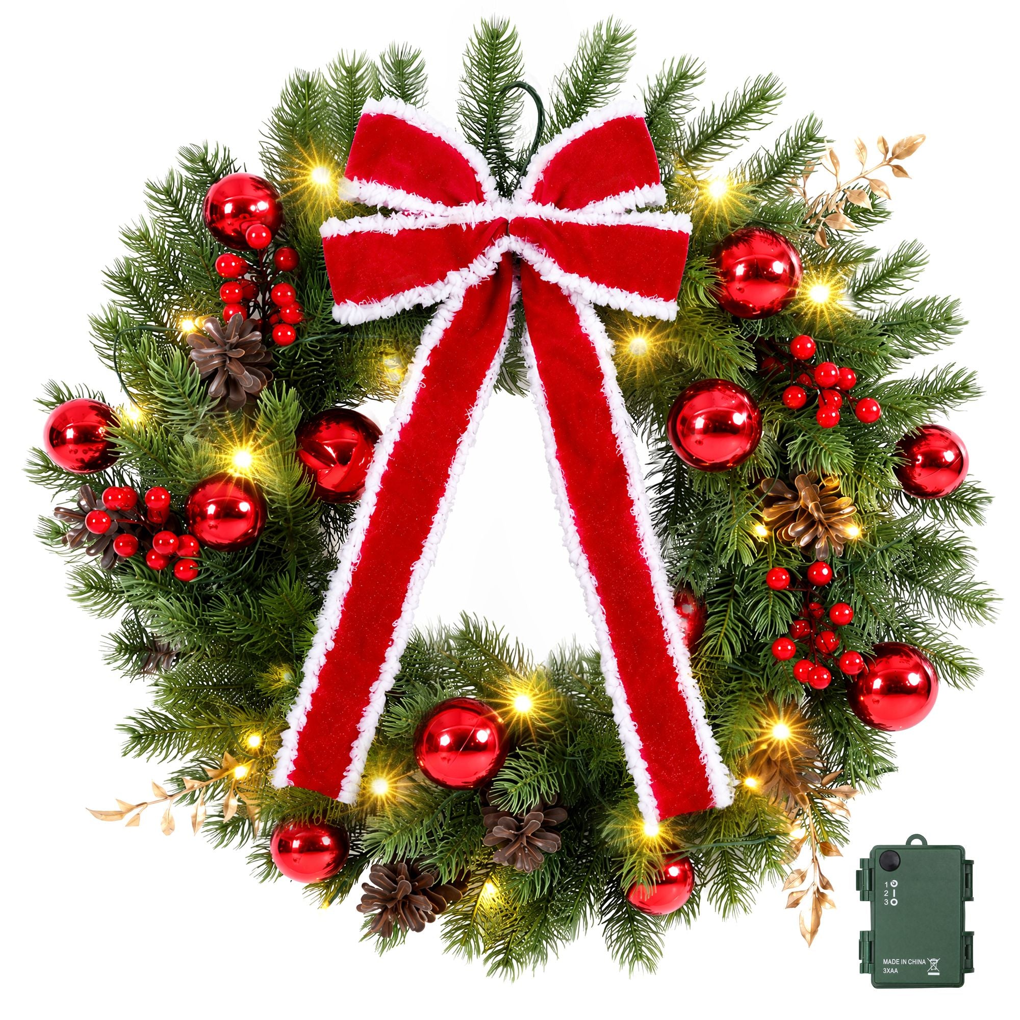 60CM Pre-Lit Christmas Wreath with Red Bow & 30 LED