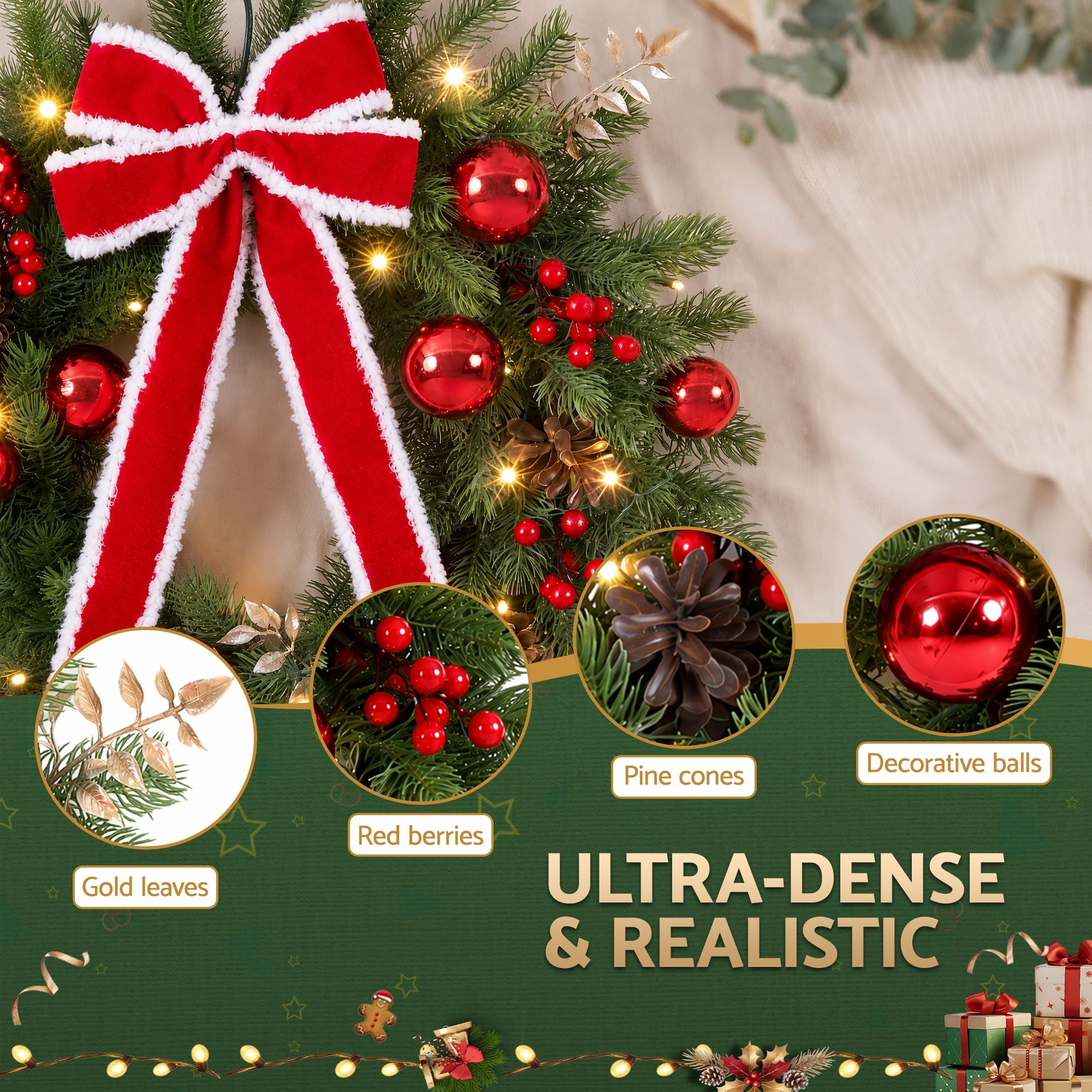60CM Pre-Lit Christmas Wreath with Red Bow & 30 LED