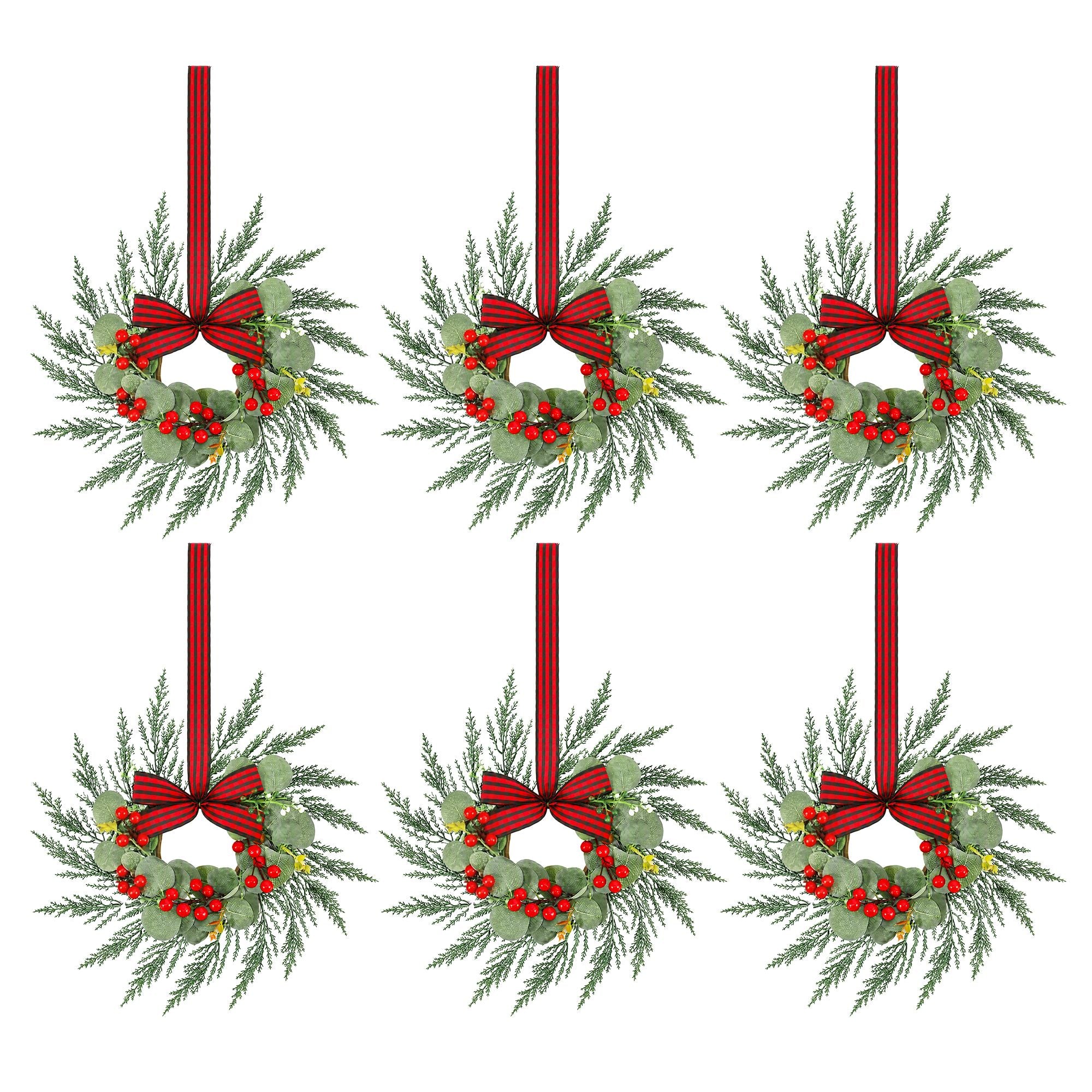 26CM Christmas Wreaths with Plaid Bows – 6 Pack