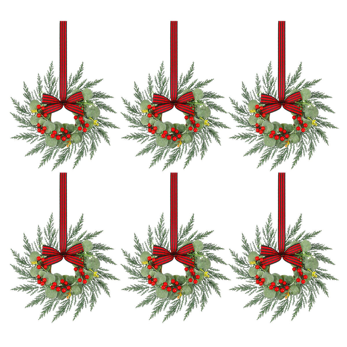 26CM Christmas Wreaths with Plaid Bows – 6 Pack