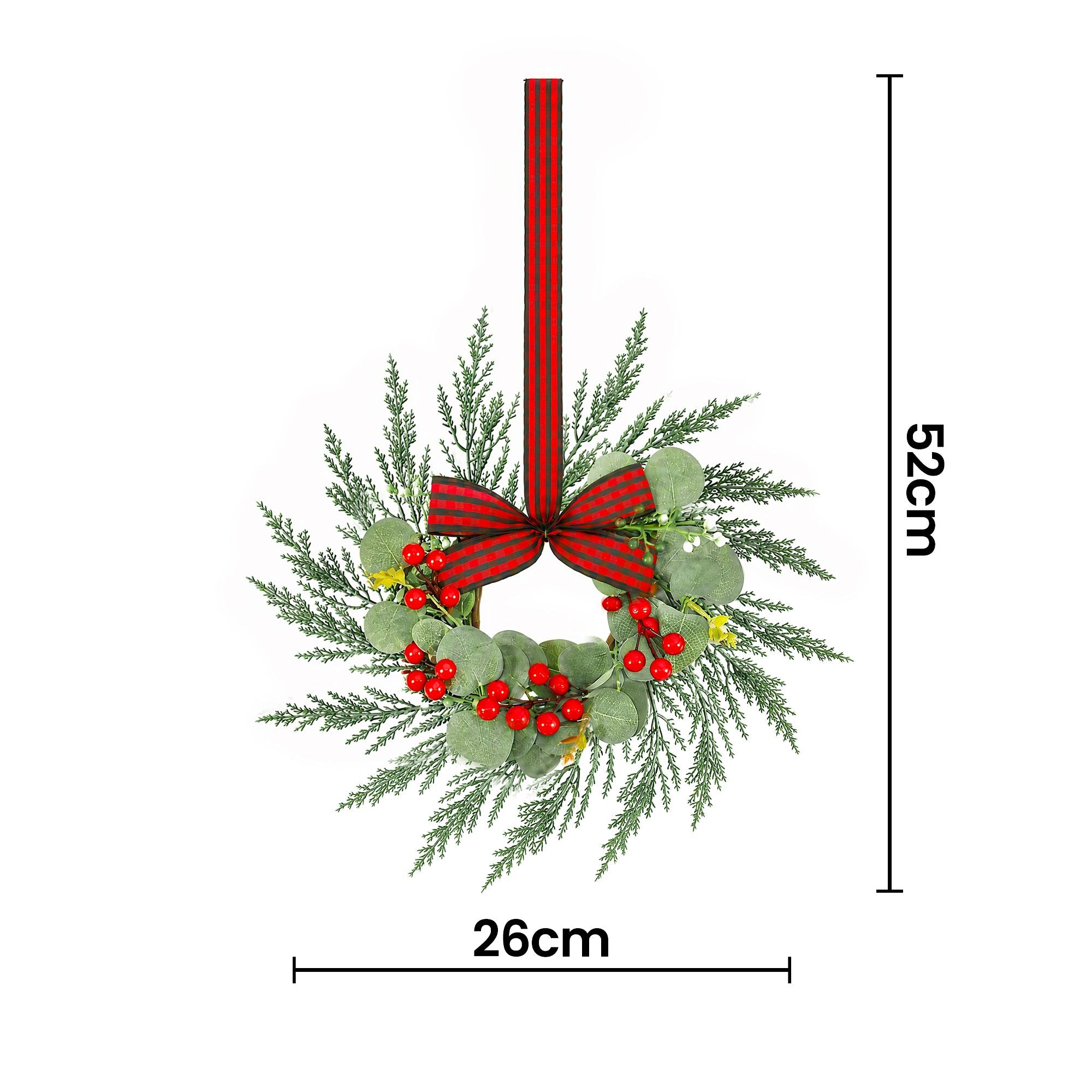 26CM Christmas Wreaths with Plaid Bows – 6 Pack
