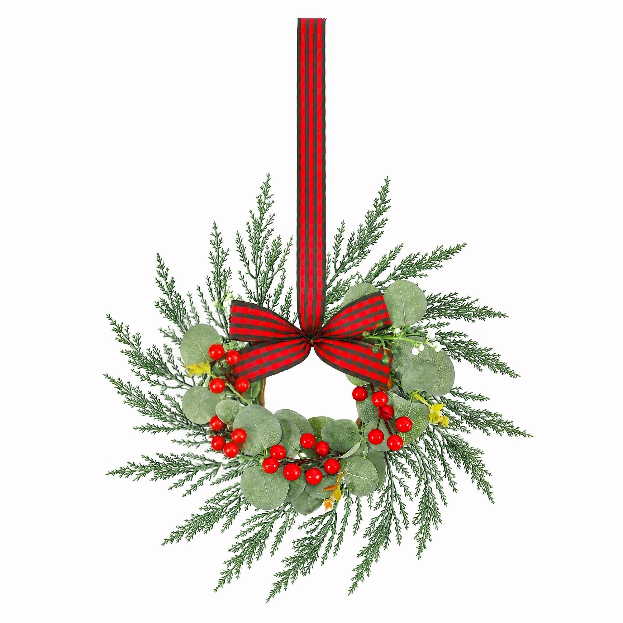 26CM Christmas Wreaths with Plaid Bows – 6 Pack