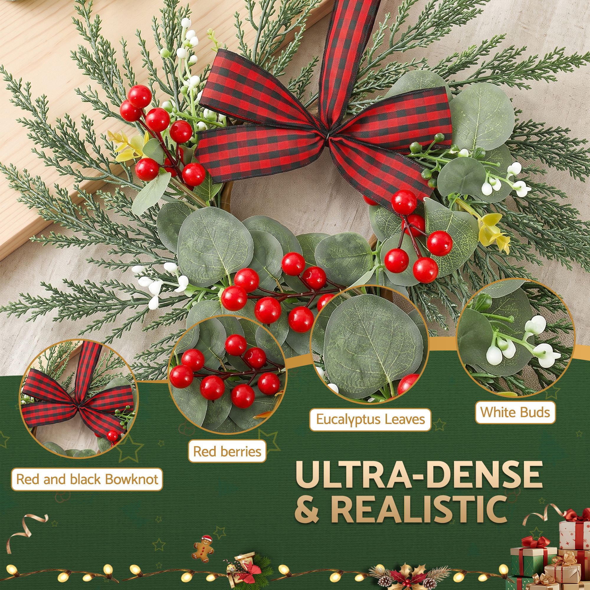26CM Christmas Wreaths with Plaid Bows – 6 Pack