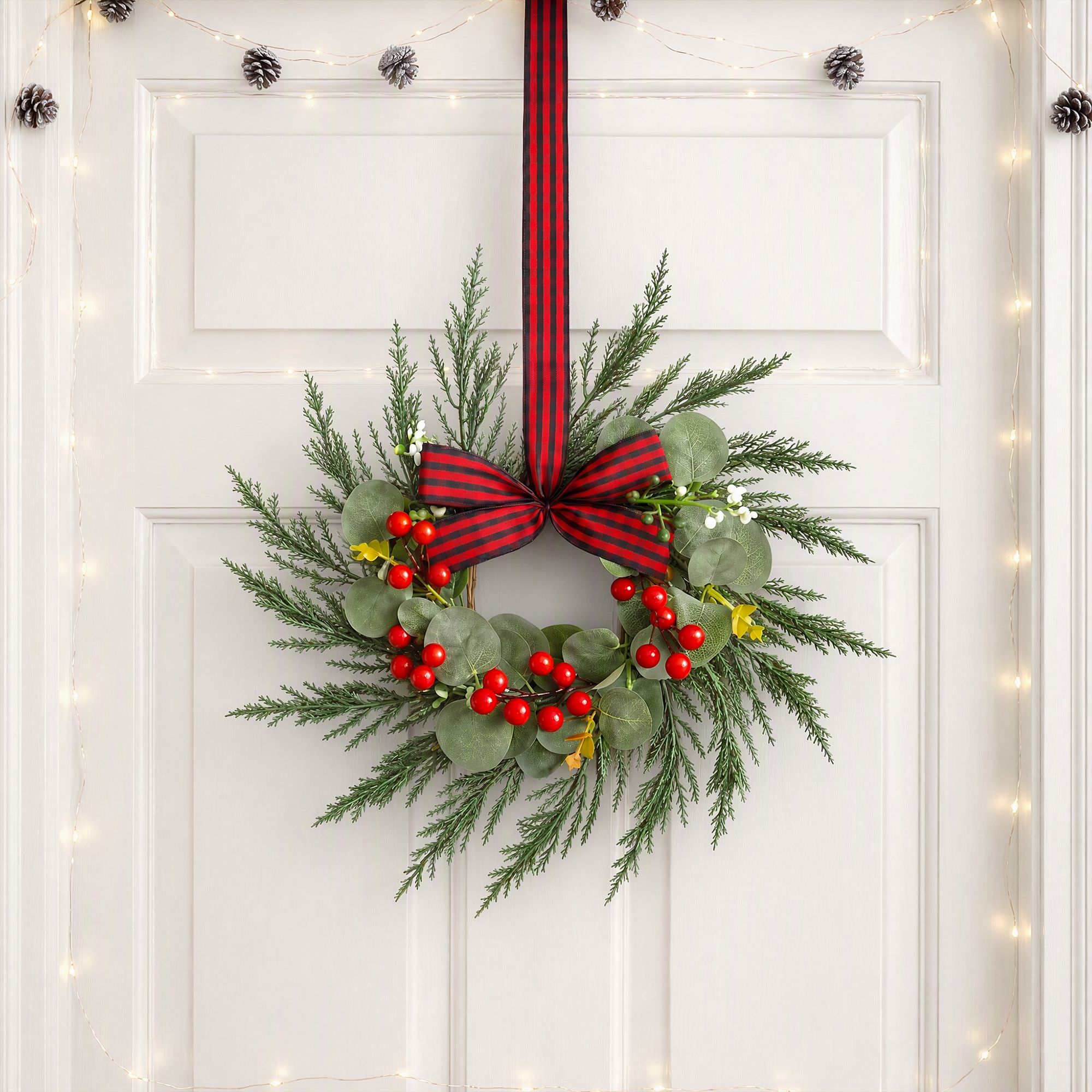 26CM Christmas Wreaths with Plaid Bows – 6 Pack