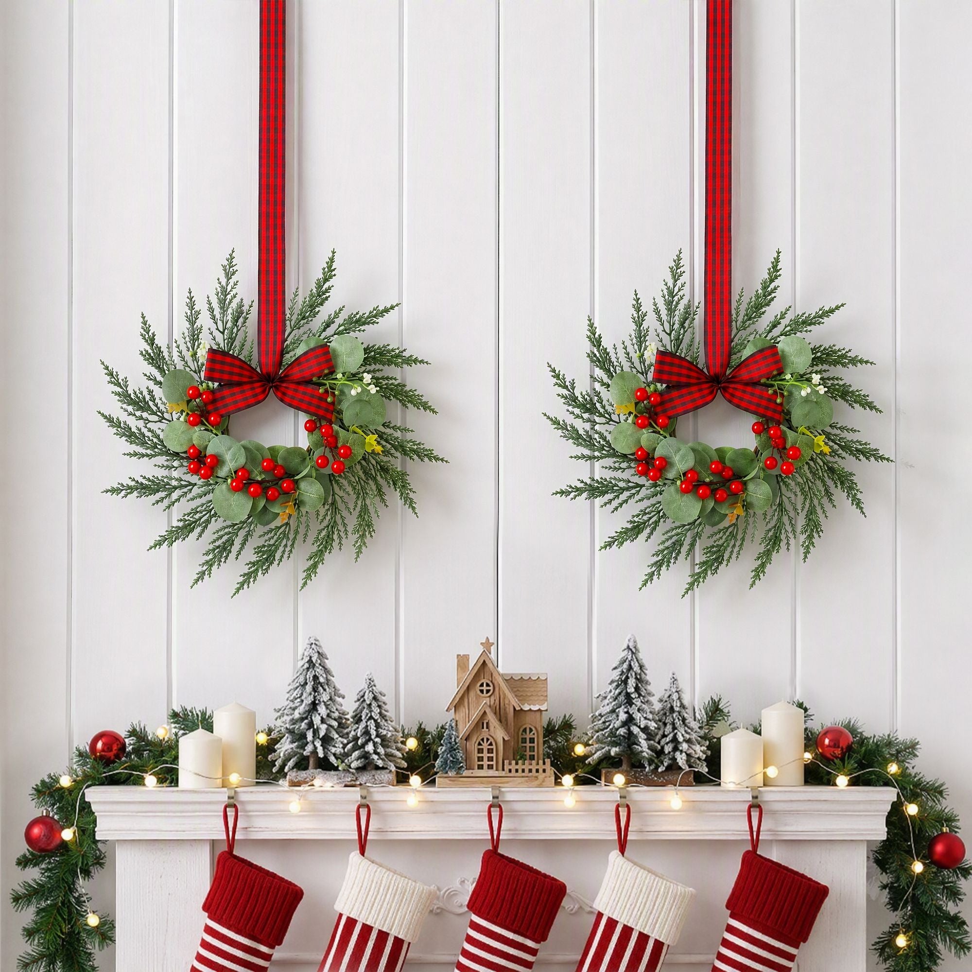 26CM Christmas Wreaths with Plaid Bows – 6 Pack