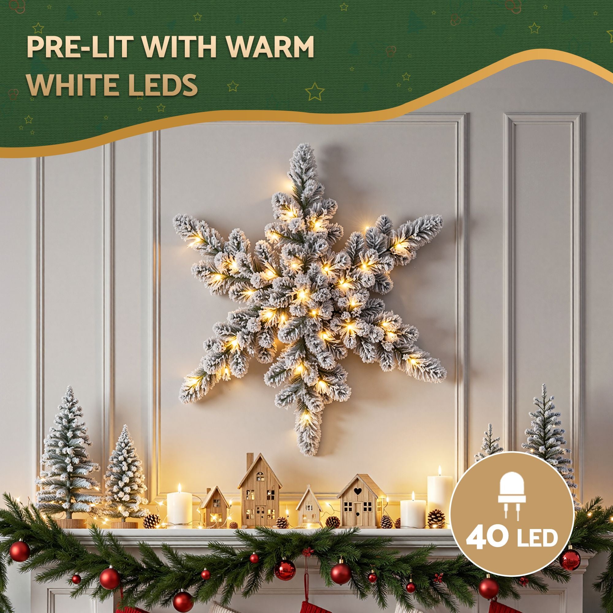 60CM Pre-Lit Snowflake Christmas Wreath with 40 LED