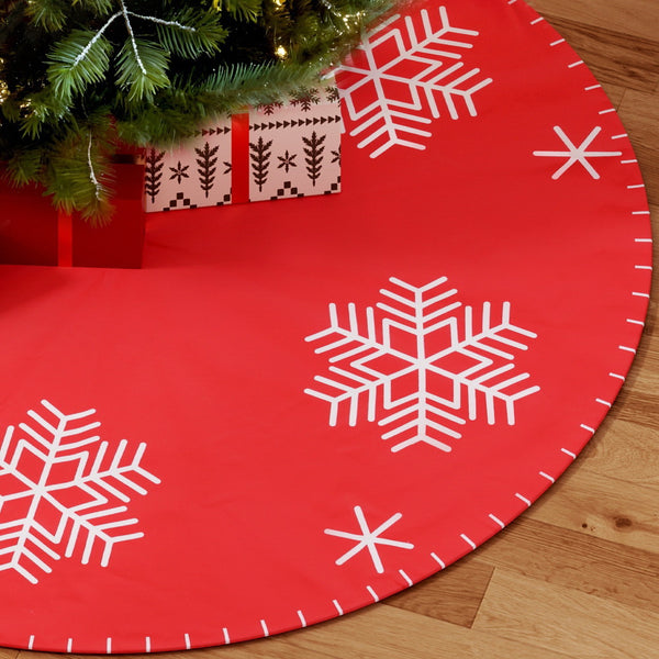 90CM Red Christmas Tree Skirt with Snowflake Print