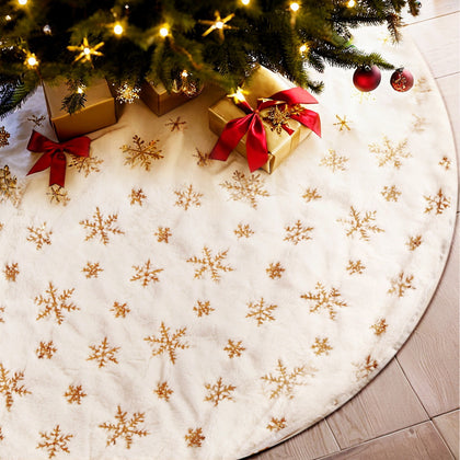 120CM White Christmas Tree Skirt with Gold Sequin Snowflakes