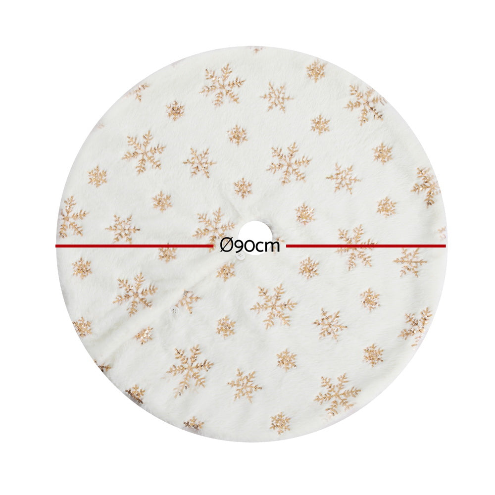 90CM White Christmas Tree Skirt with Gold Sequin Snowflakes