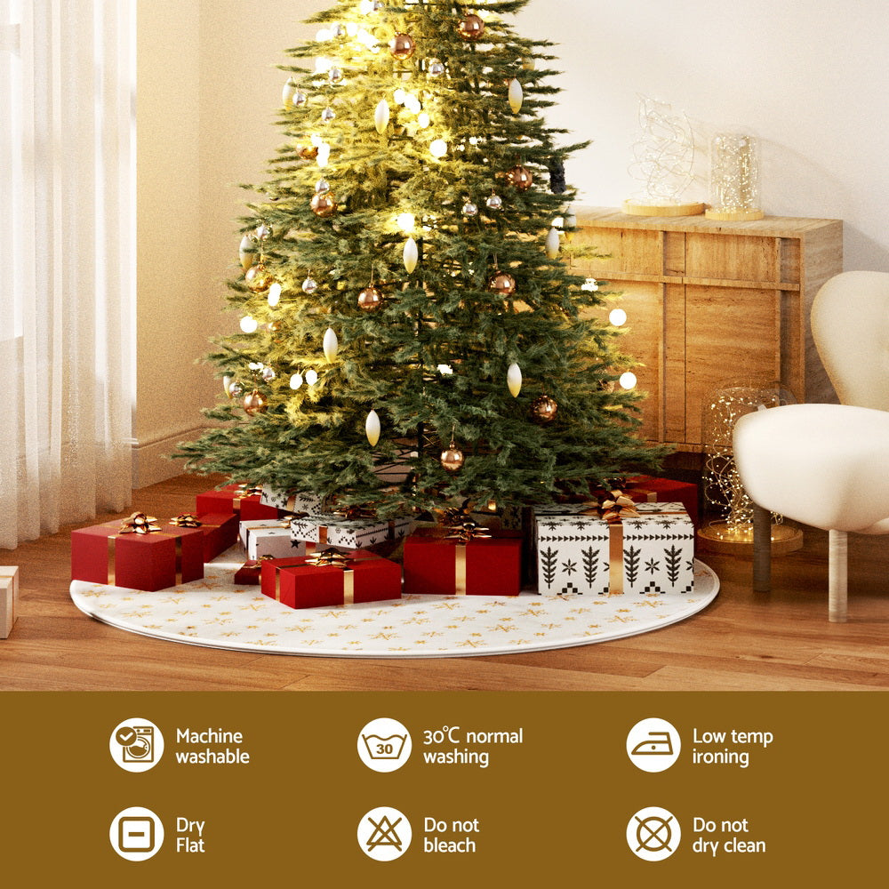 90CM White Christmas Tree Skirt with Gold Sequin Snowflakes