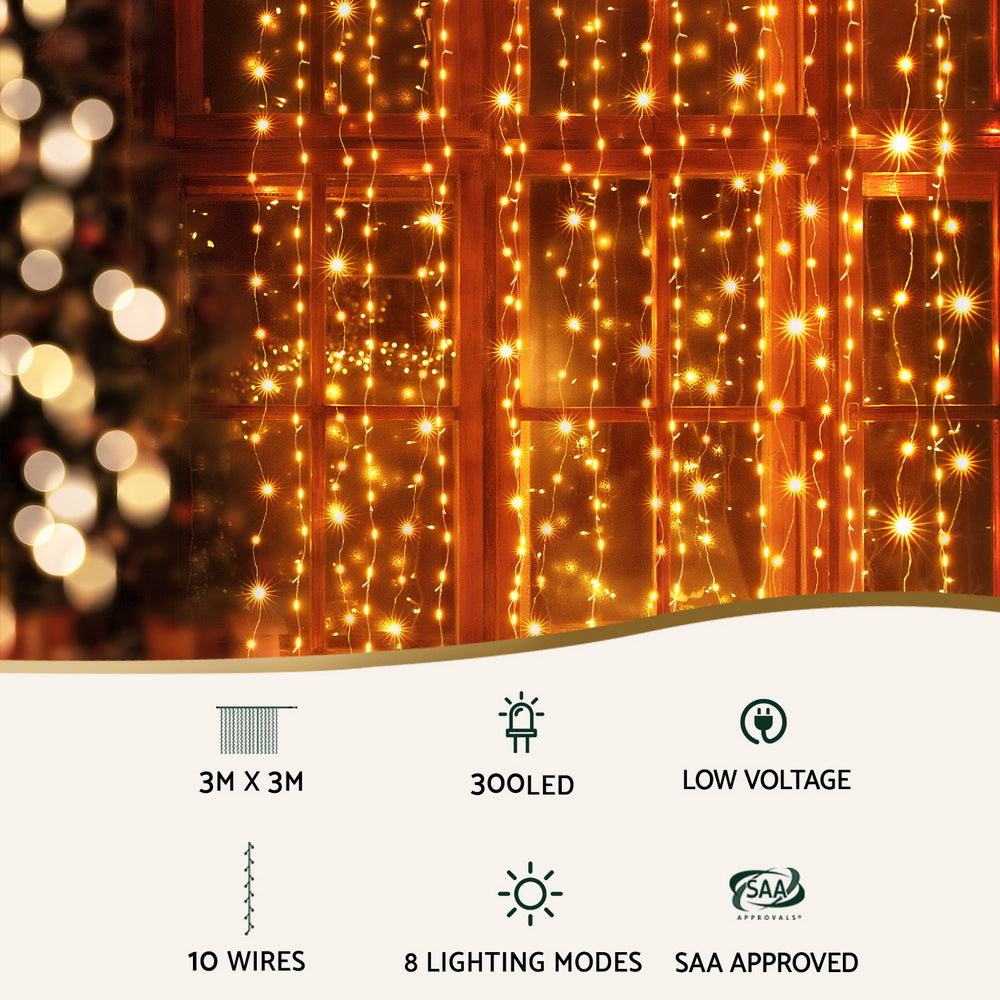 3M x 3M Curtain Lights with 300 Warm White LEDs