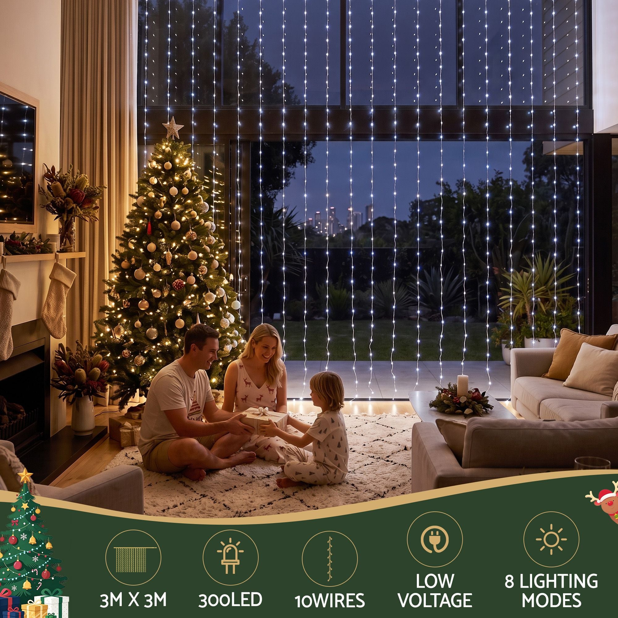 3M x 3M Curtain Lights with 300 Cool White LED Lights