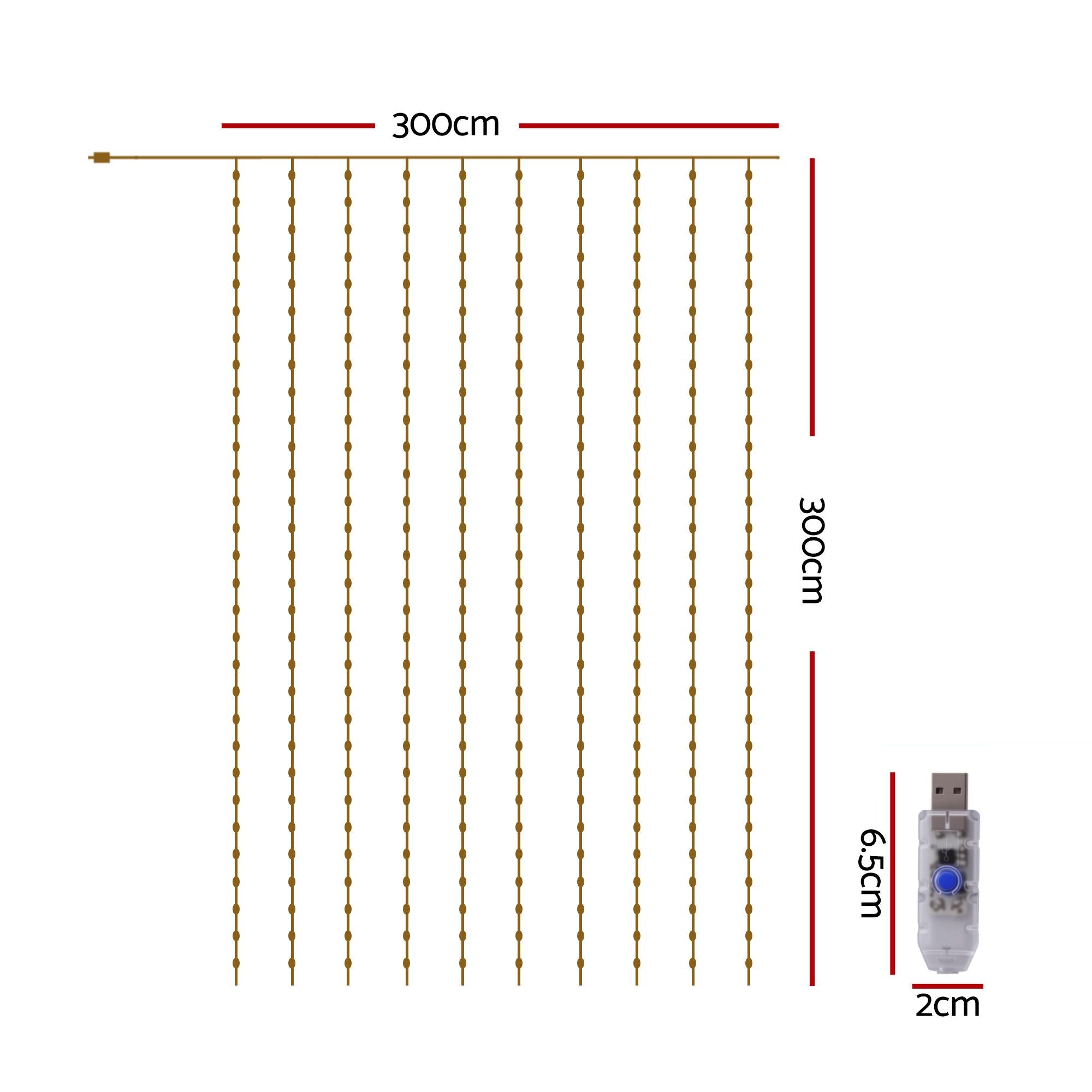 3M x 3M Curtain Lights with 300 Cool White LED Lights