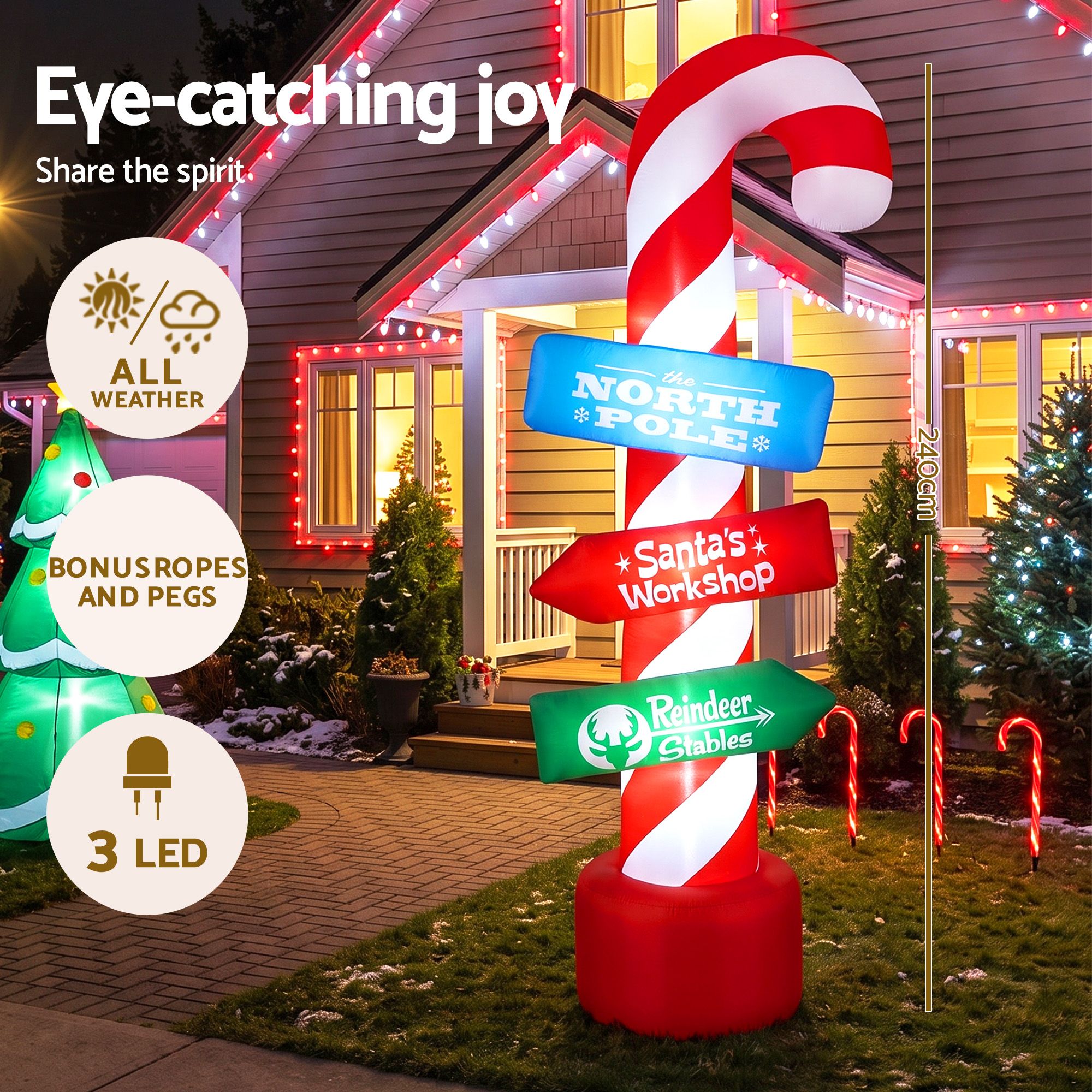 2.4M Candy Cane Signpost Inflatable with LED Lights