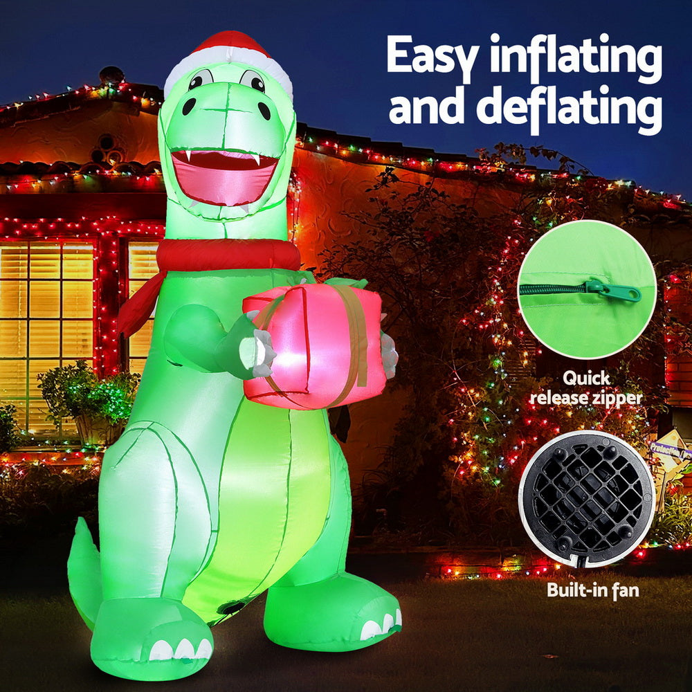 1.8M Christmas Dinosaur Inflatable with Present – LED Illuminated