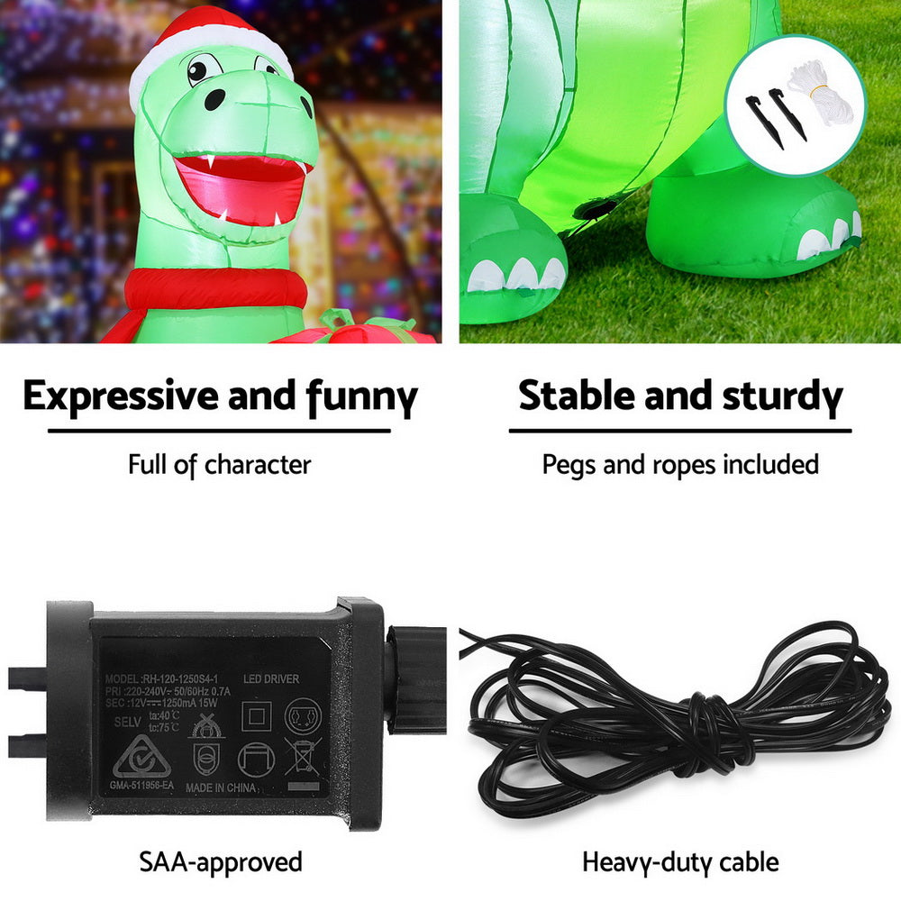 1.8M Christmas Dinosaur Inflatable with Present – LED Illuminated