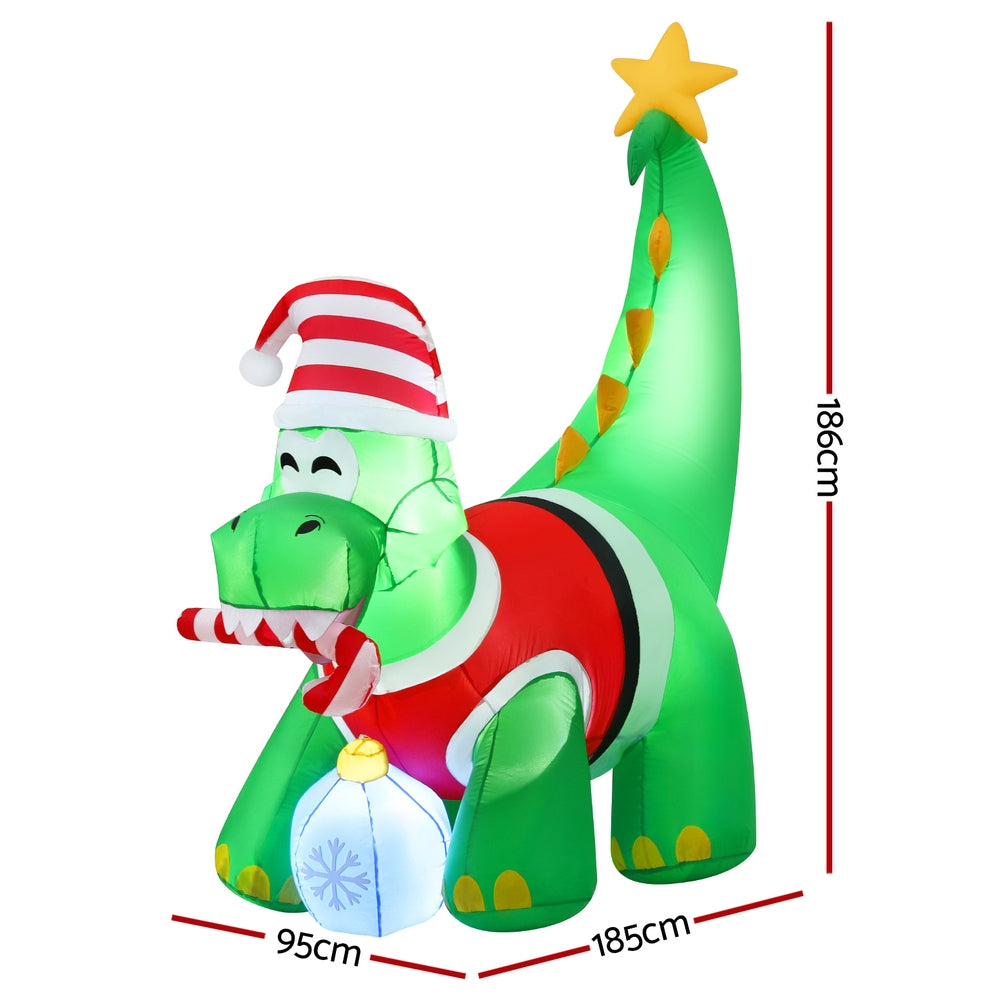 1.86M Christmas Dinosaur Inflatable with Scarf & Bauble – 4 LEDs